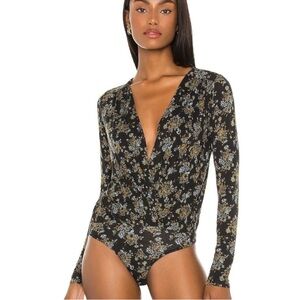Intimately Free People Bodysuit Sz M Thong Deep V Crossover Floral Black